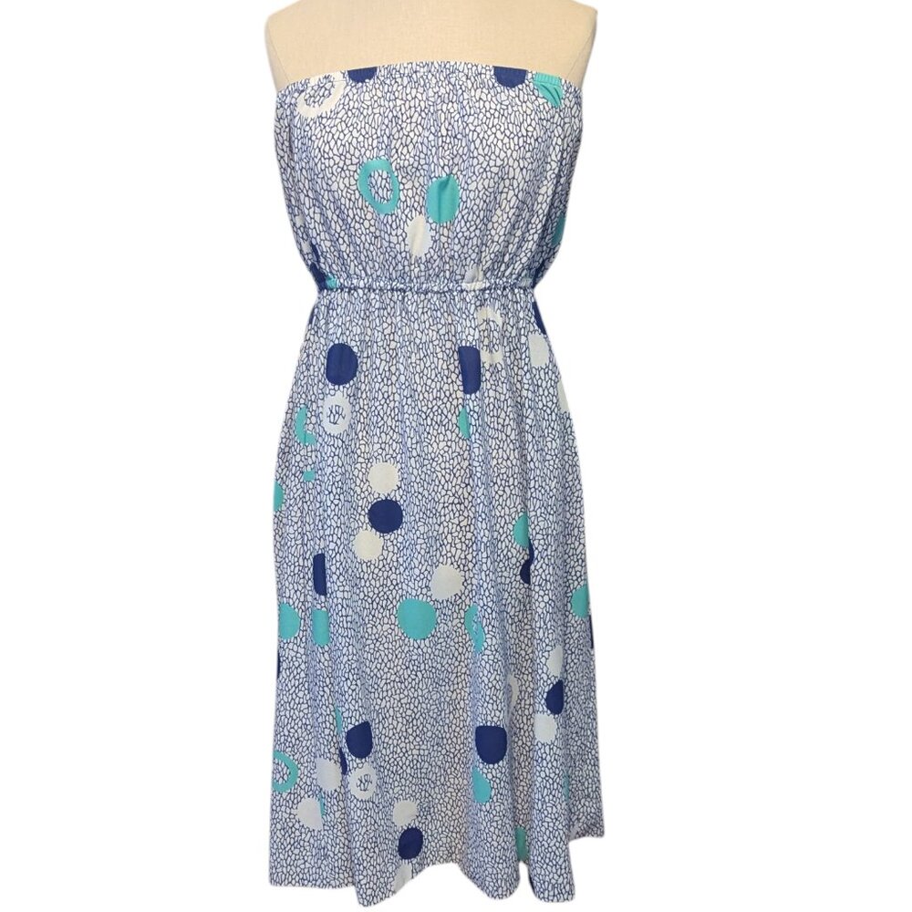 Vintage Taxi CDC Strapless Tube Dress Mod Polka Dot Blue Teal Large Sustainable
